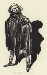 Wrapped up to his eyes in a brown mantle